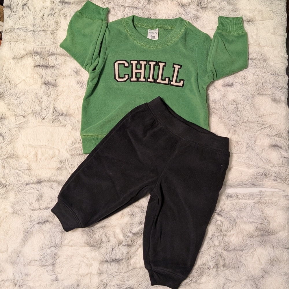 Green and Black Fleece Baby Sweatshirt and Pants Set 6 Months